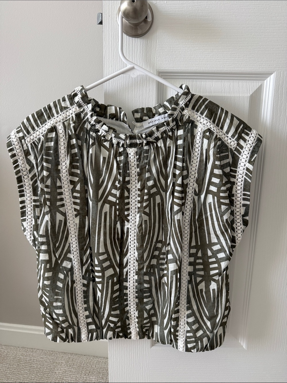 Melissa Odabash Olive and White Patterned Crochet-Trim Sleeveless Top
